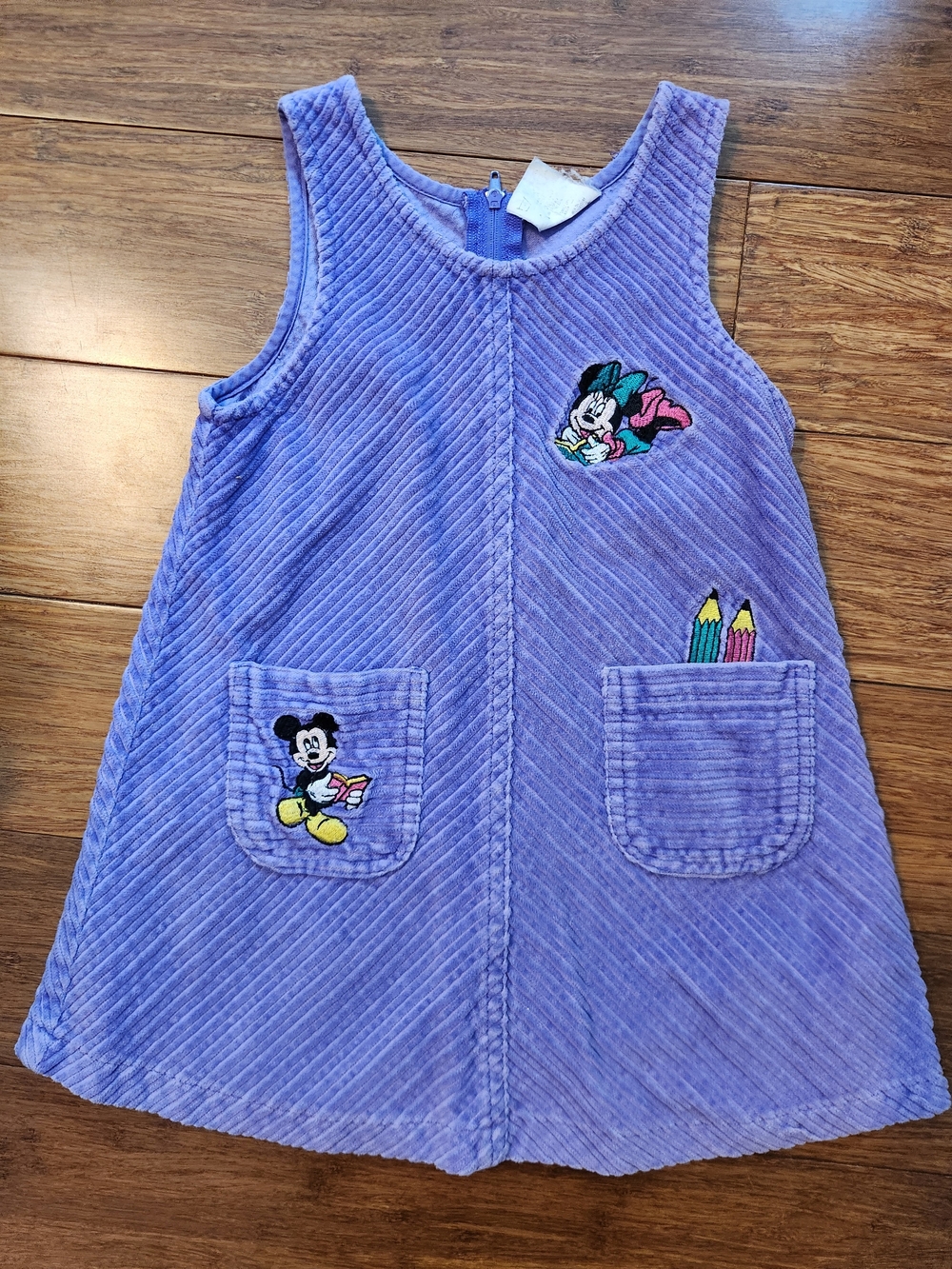 Vintage Girl's Disney Mickey Minnie Mouse cordoroy purple dress books pockets 3T